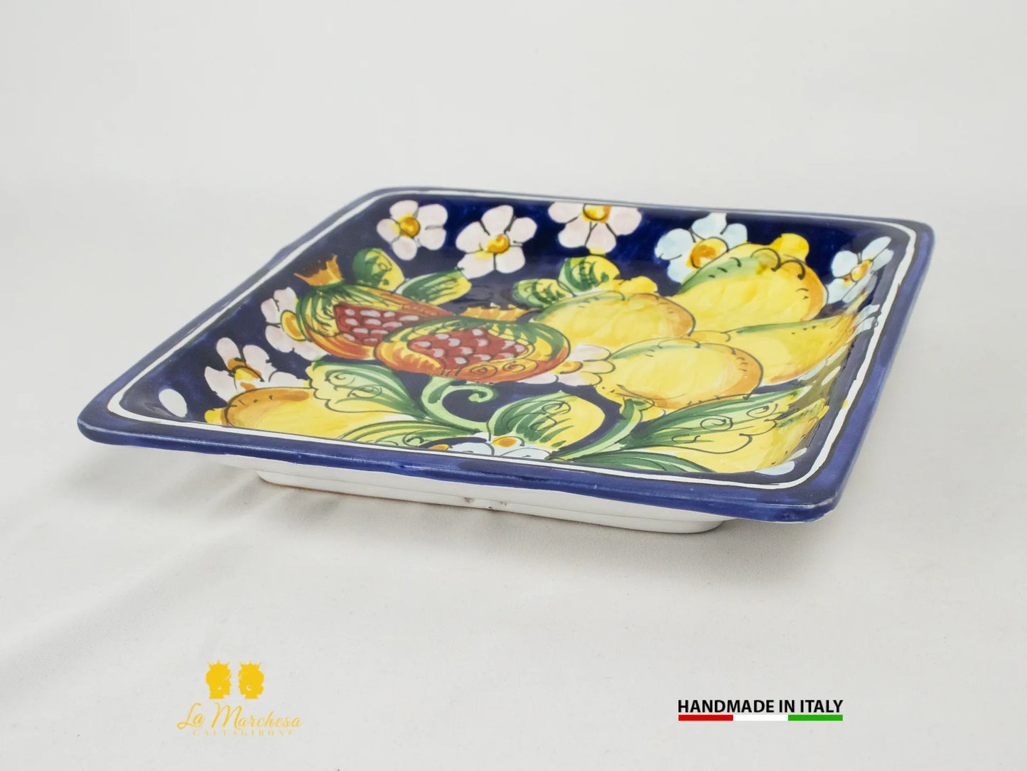 Piatto in ceramica di Caltagirone quadrato blu cobalto limoni 25cm