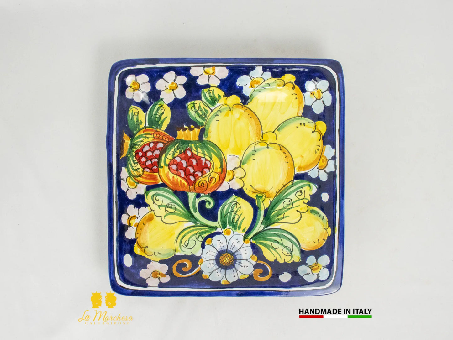 Piatto in ceramica di Caltagirone quadrato blu cobalto limoni 25cm