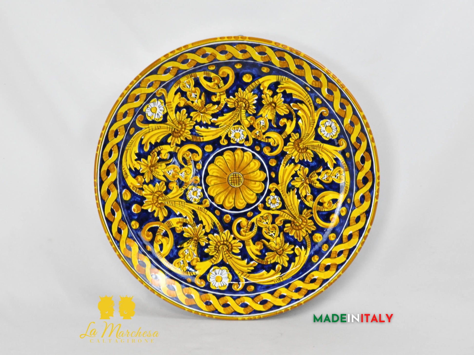 Piatto in Ceramica di Caltagirone Fangotto blu cobalto ornato fiore treccia 44cm