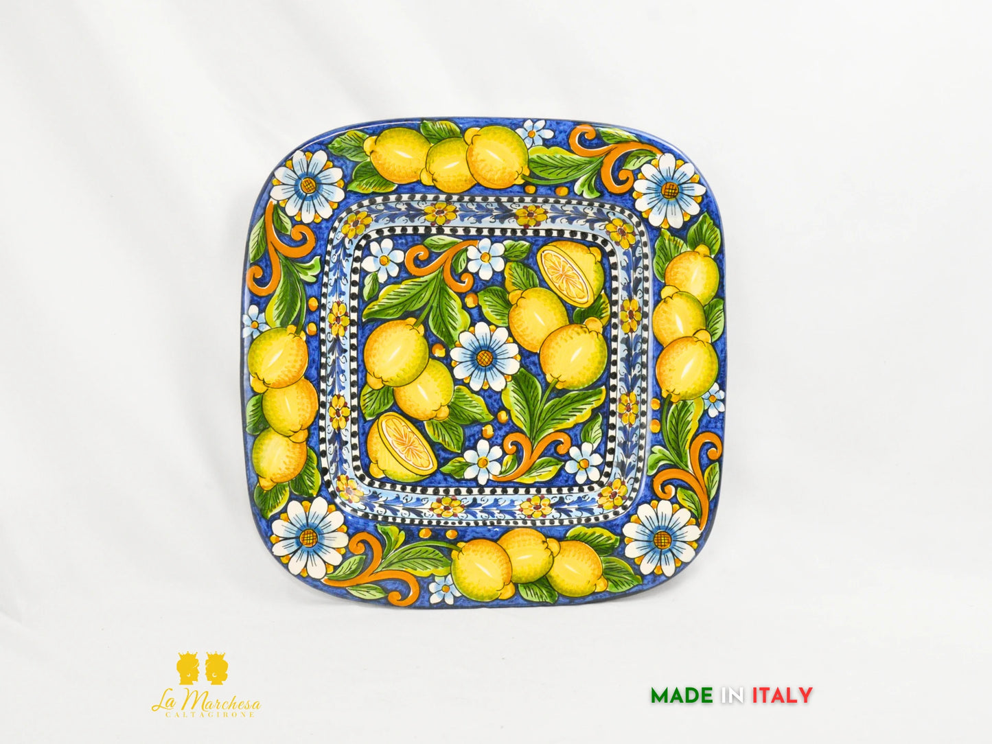 Piatto in Ceramica di Caltagirone Falda blu cobalto limone quadrato