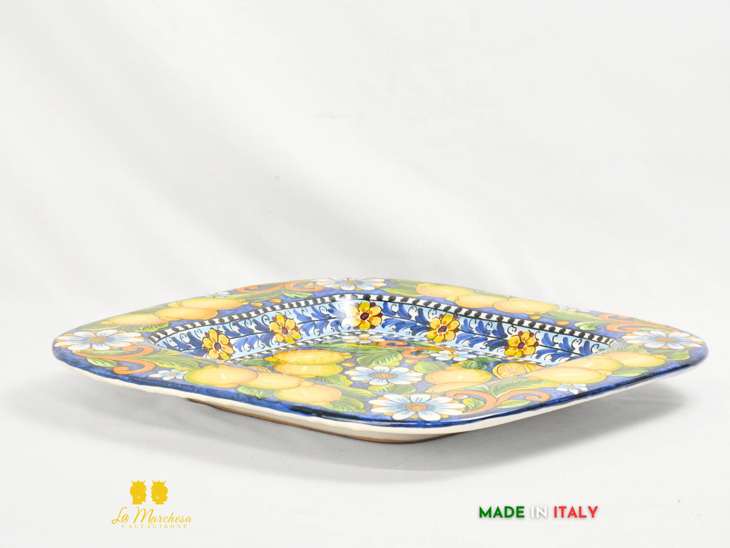 Piatto in Ceramica di Caltagirone Falda blu cobalto limone quadrato
