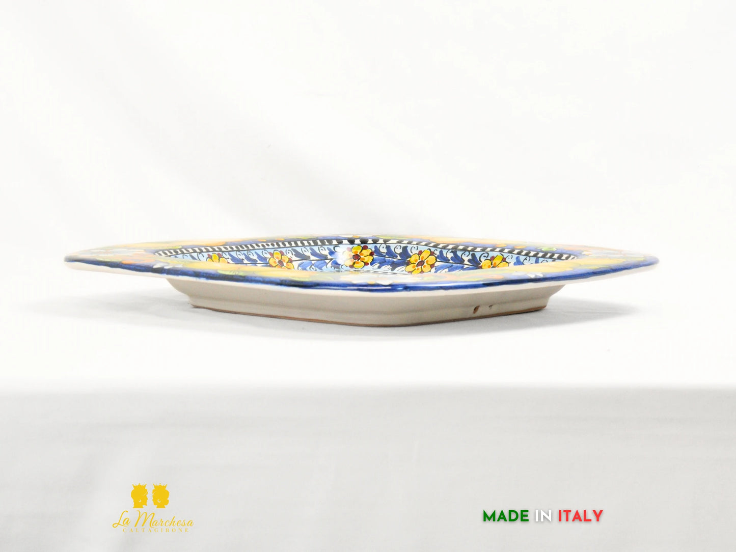 Piatto in Ceramica di Caltagirone Falda blu cobalto limone quadrato