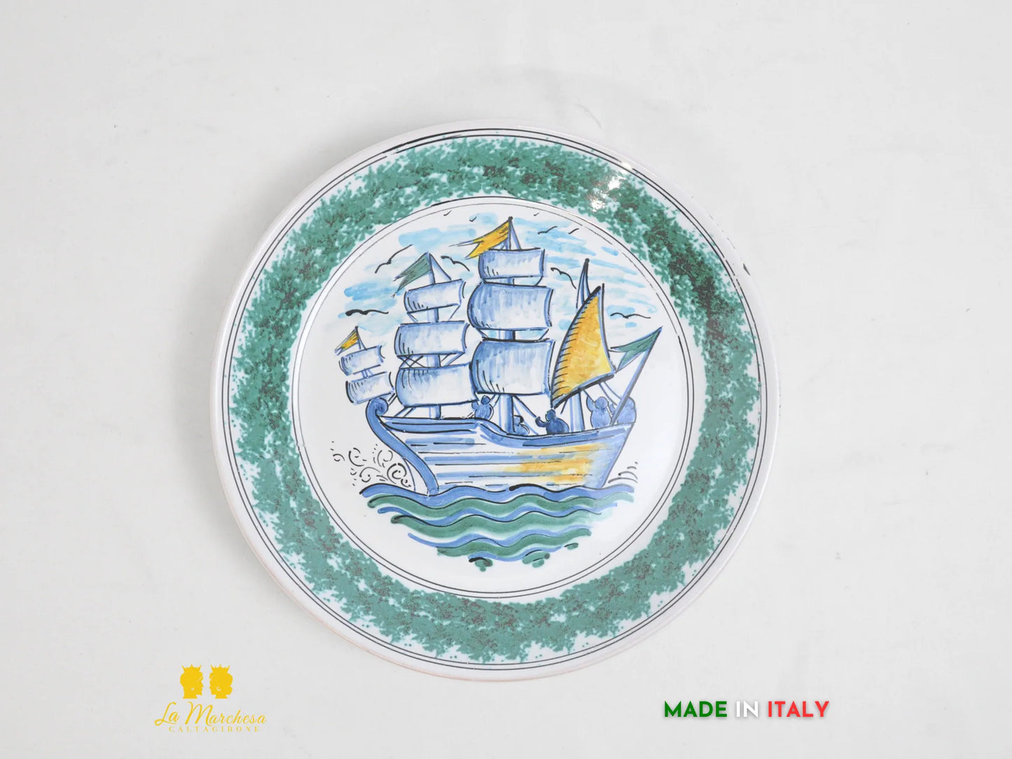 Piatto in Ceramica di Caltagirone decorato Fangotto disegno Veliero