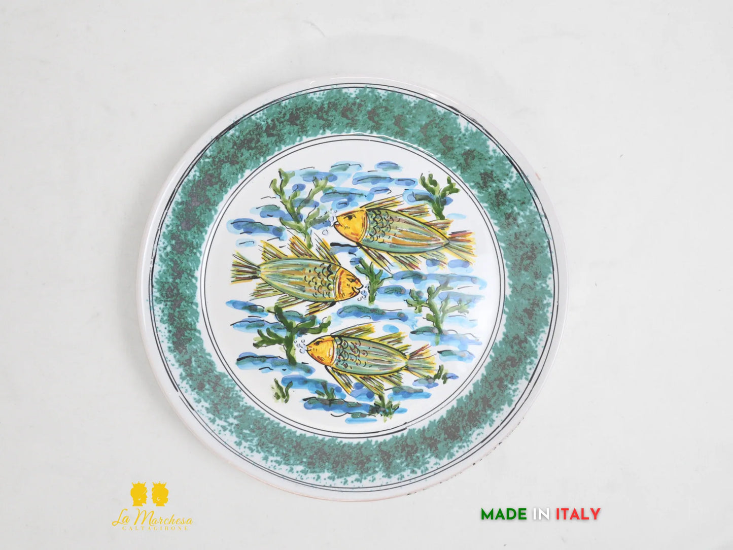 Piatto in Ceramica di Caltagirone decorato Fangotto disegno pesci