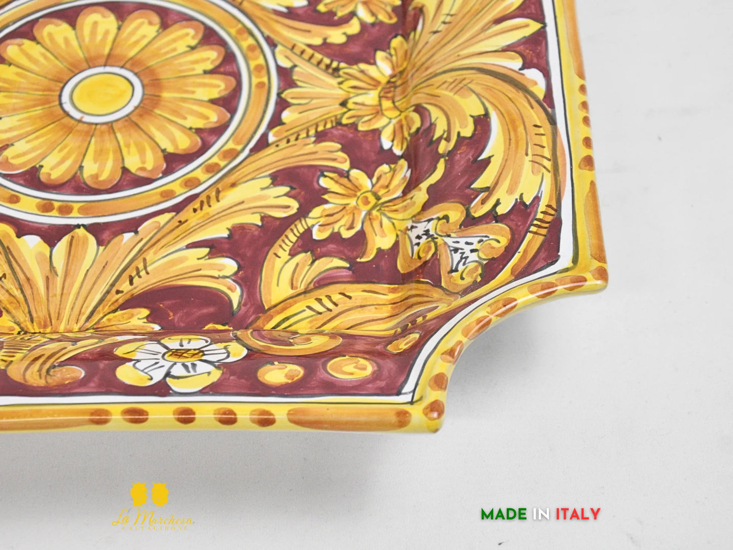 Piatto in ceramica di Caltagirone quadro ornato 34cm