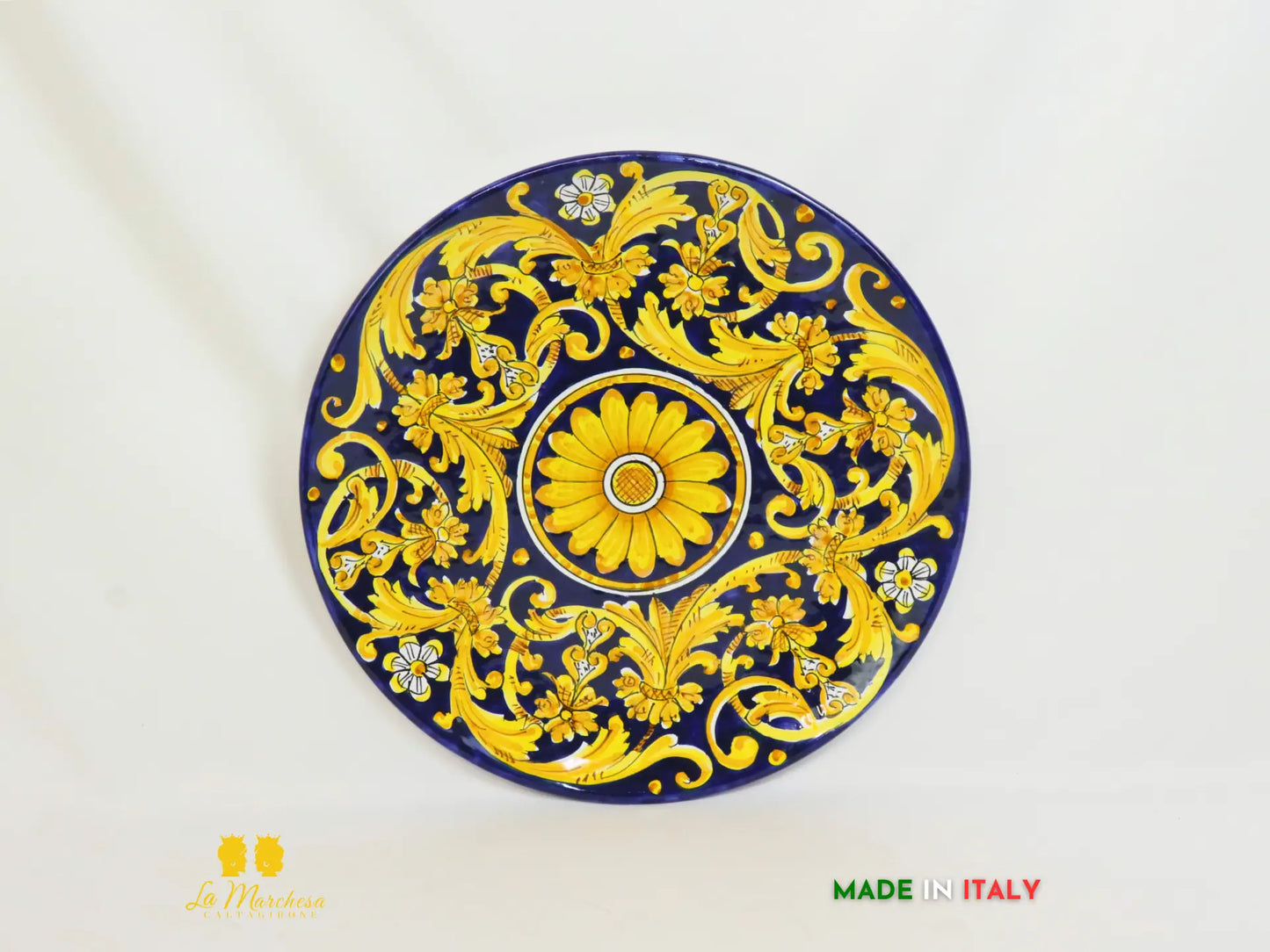 Piatto in Ceramica di Caltagirone rotondo ornato fiore 37cm - Vari Colori