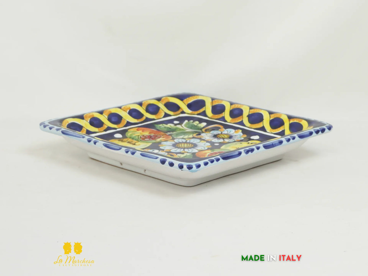 Piatto in ceramica di Caltagirone quadrato blu cobalto limoni 25cm