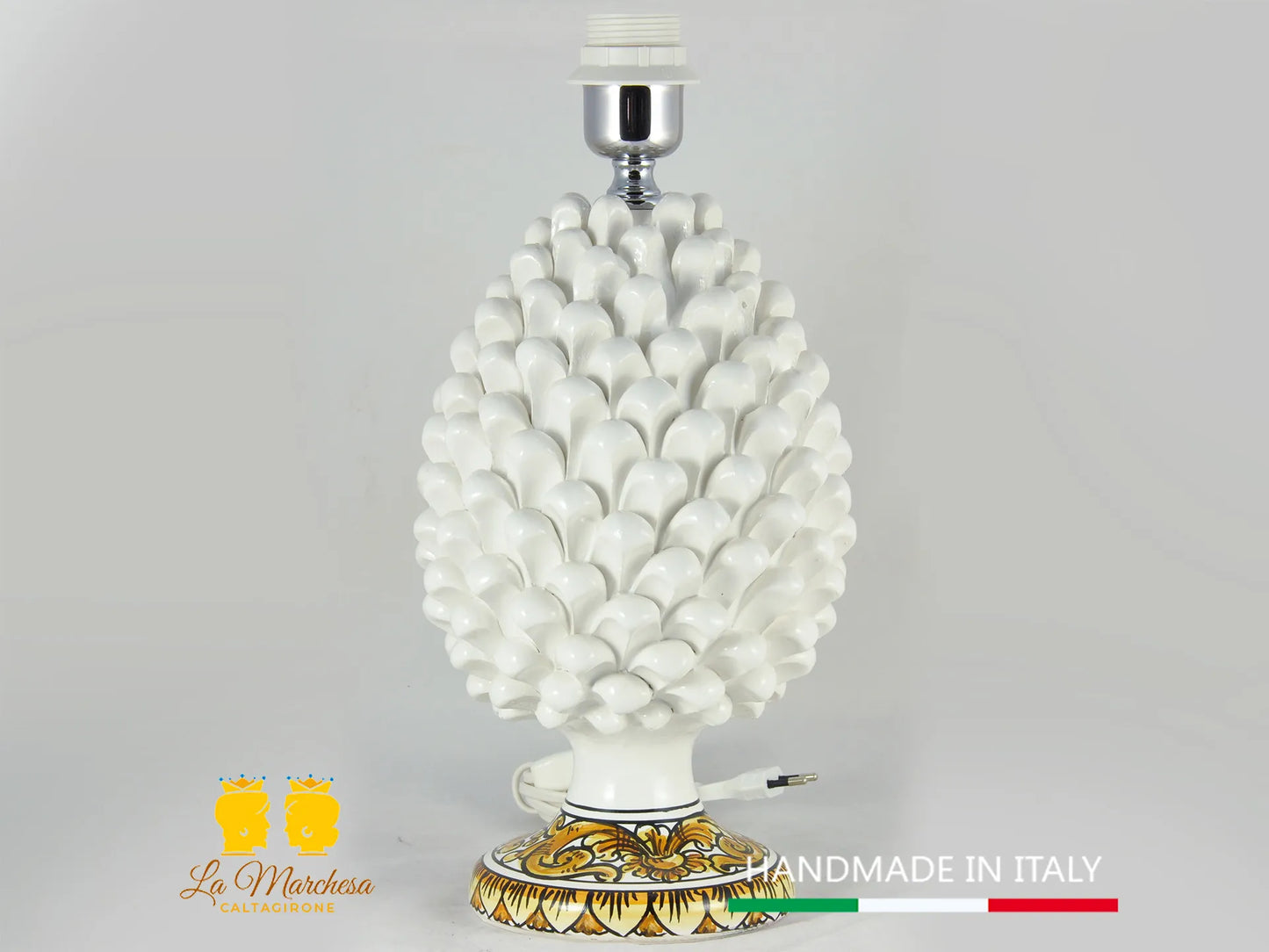 Lampada Pigna Siciliana Ceramica di Caltagirone base decorata bianca 25cm