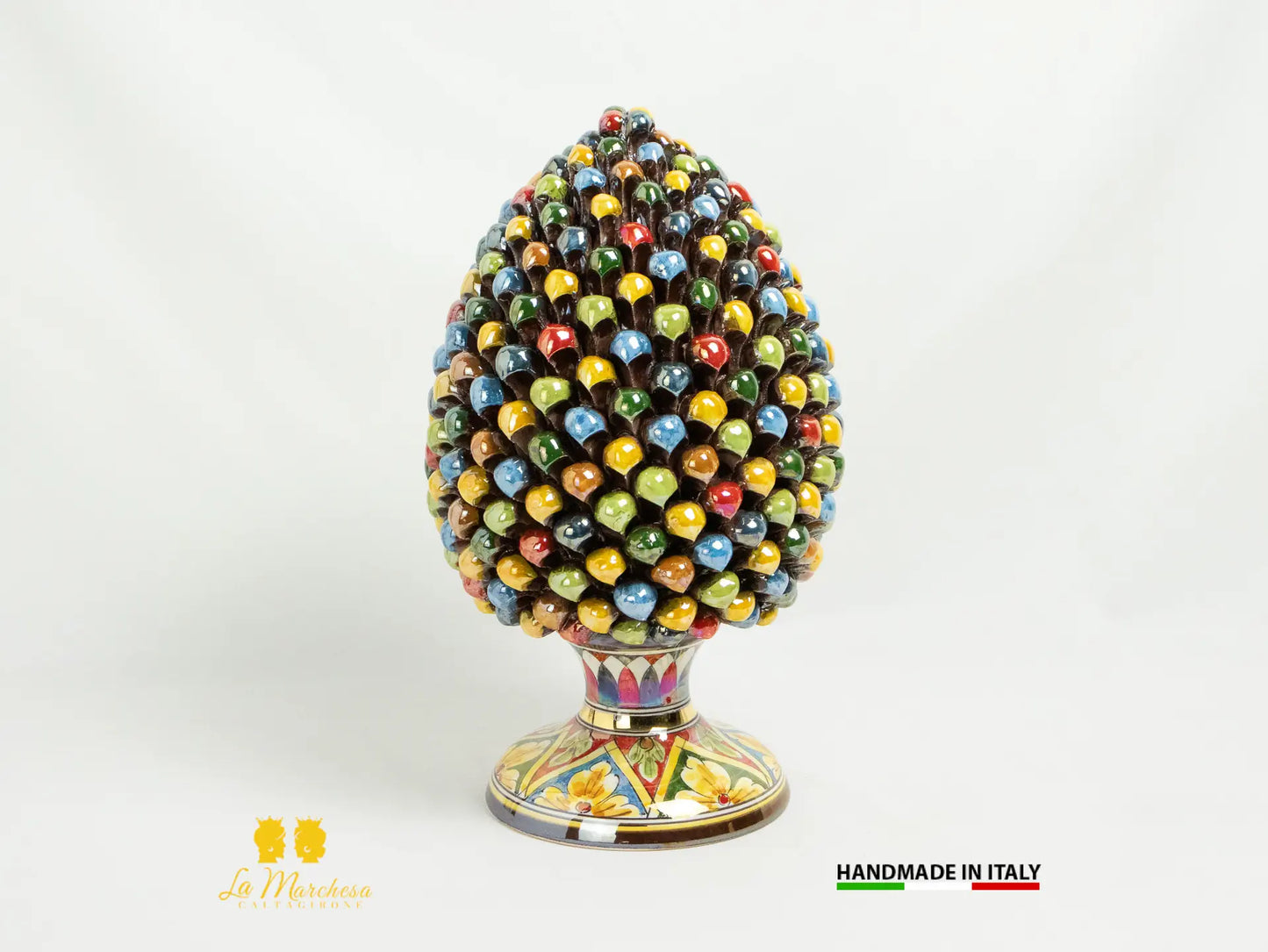 Pigna Siciliana in Ceramica di Caltagirone Arlecchino Madreperla oro 35cm
