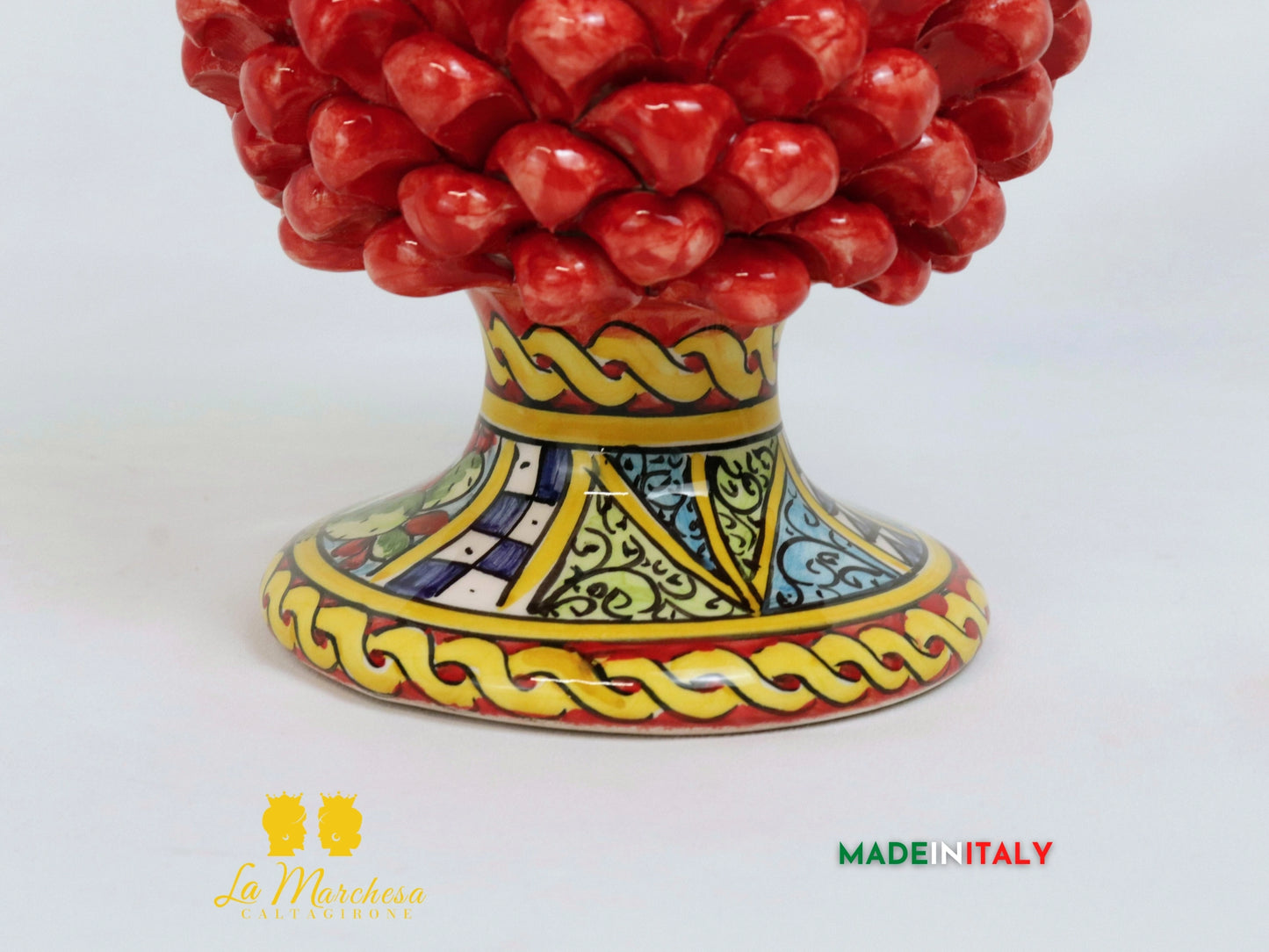 Pigna Siciliana in Ceramica di Caltagirone rosso base carretto - 45cm (2)