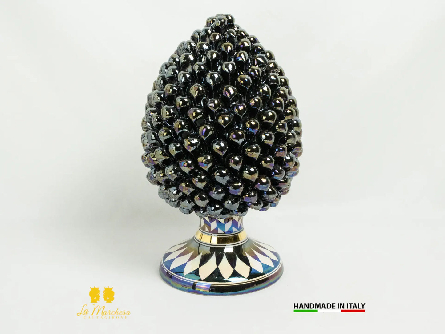 Pigna Siciliana in Ceramica di Caltagirone Artigianale Nero Madreperla Oro 31cm