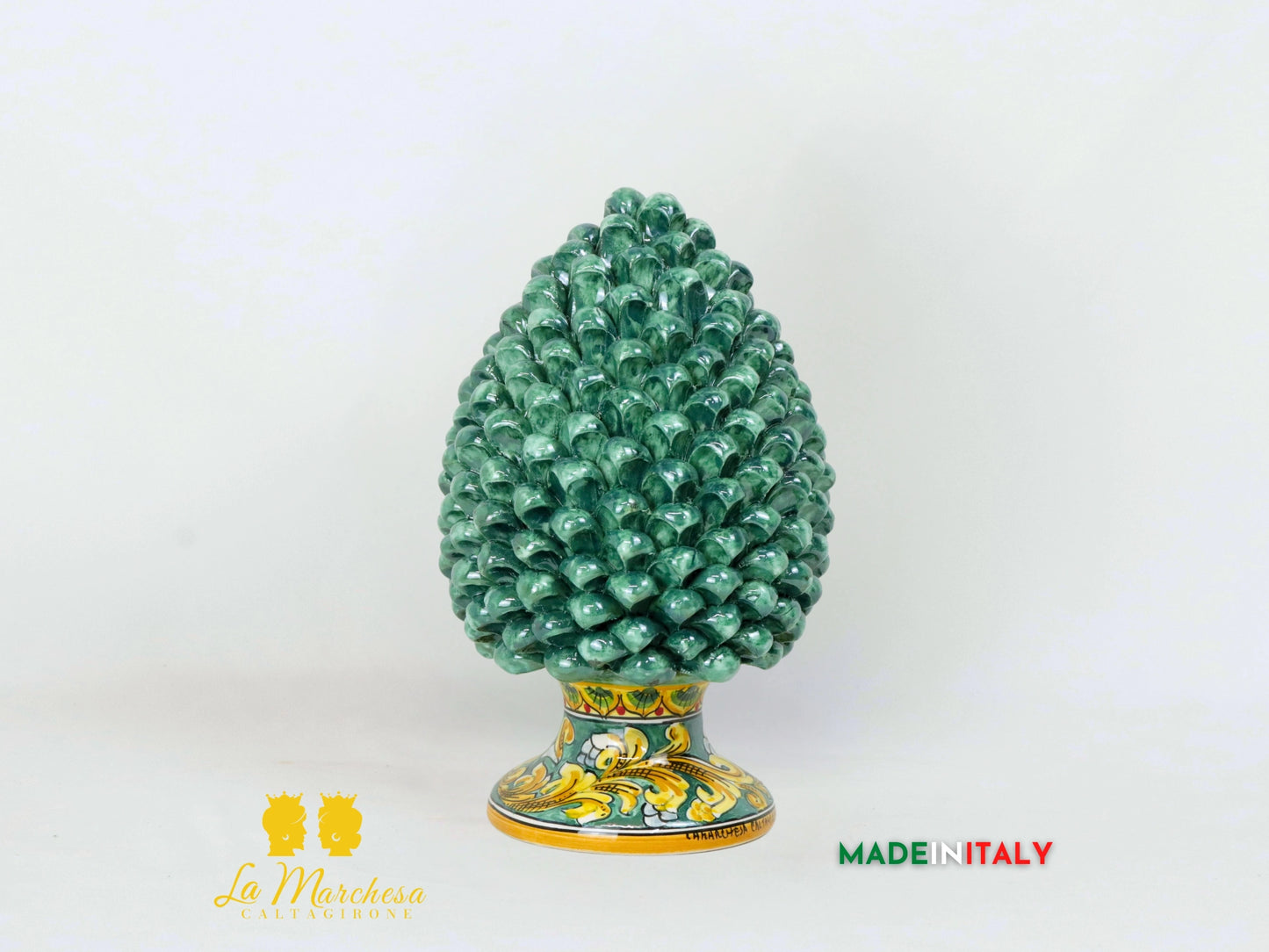 Pigna Siciliana in Ceramica di Caltagirone Verde rame ornato - Varie Dimensioni