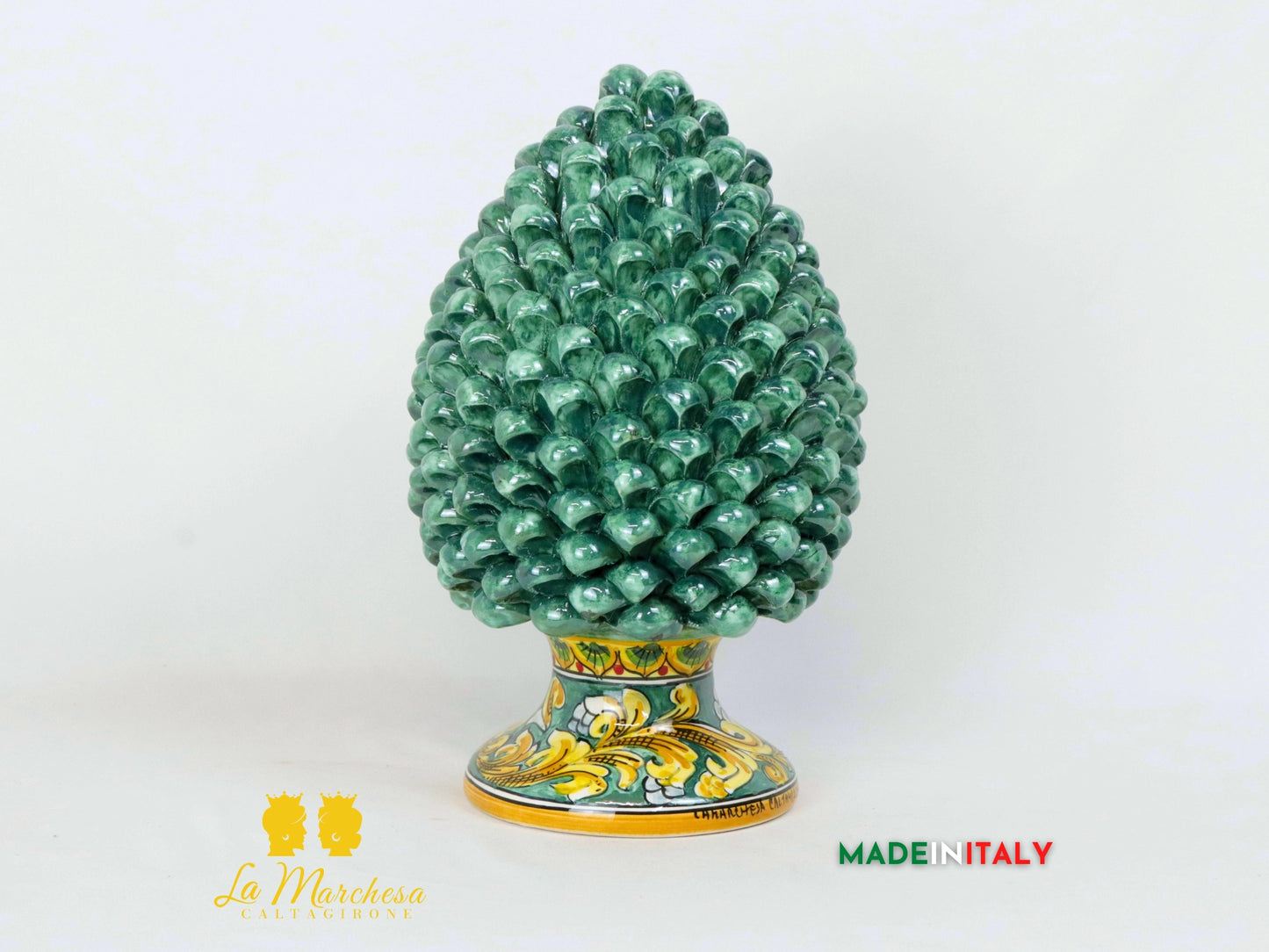 Pigna Siciliana in Ceramica di Caltagirone Verde rame ornato - Varie Dimensioni