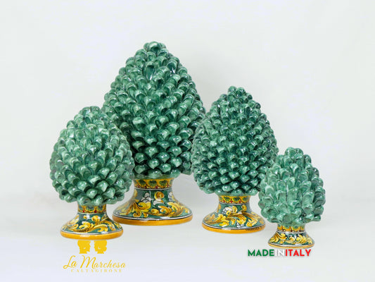 Pigna Siciliana in Ceramica di Caltagirone Verde rame ornato - Varie Dimensioni