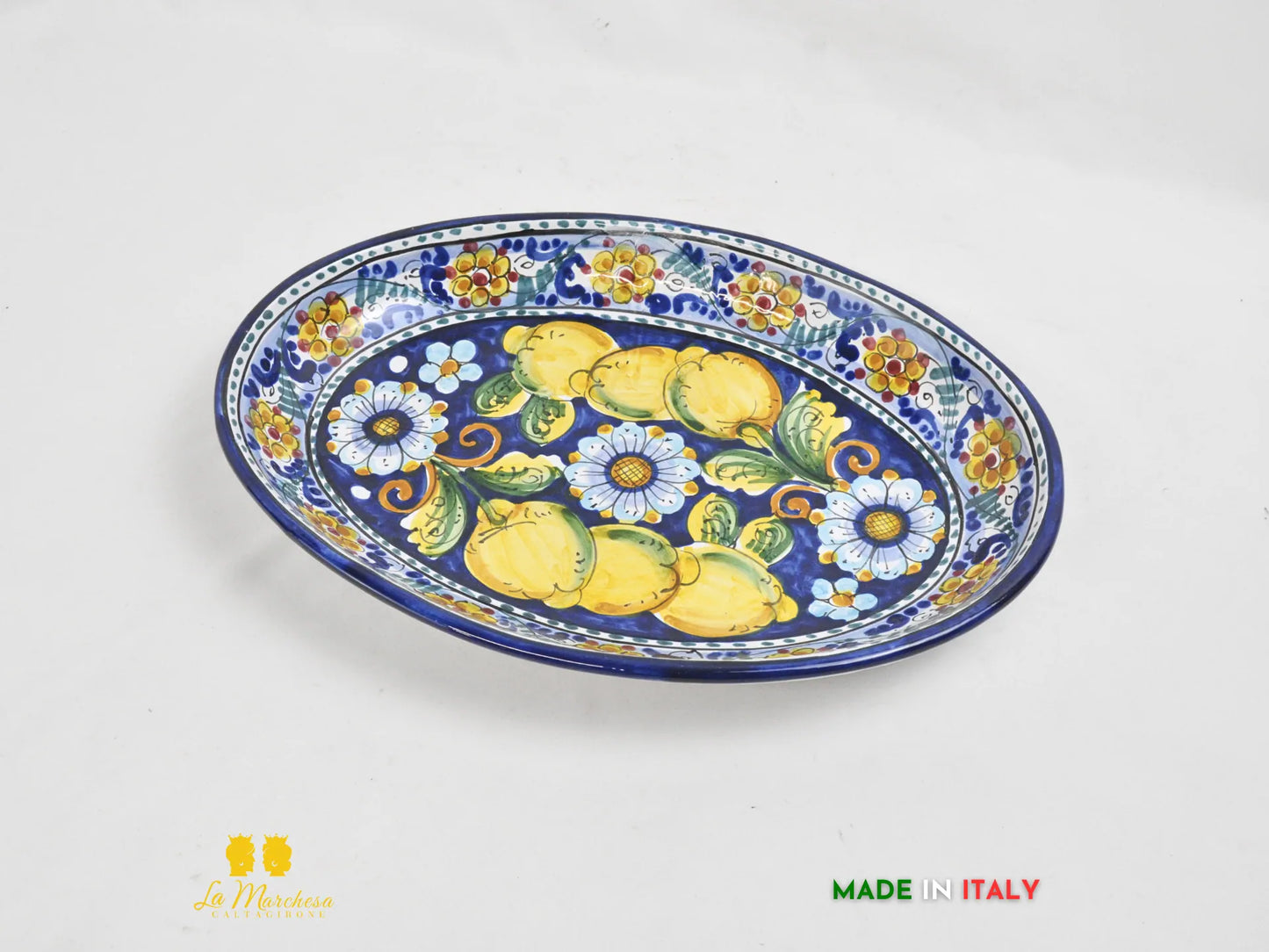 Vassoio ovale Pirofila in Ceramica di Caltagirone blu cobalto limoni 41cm