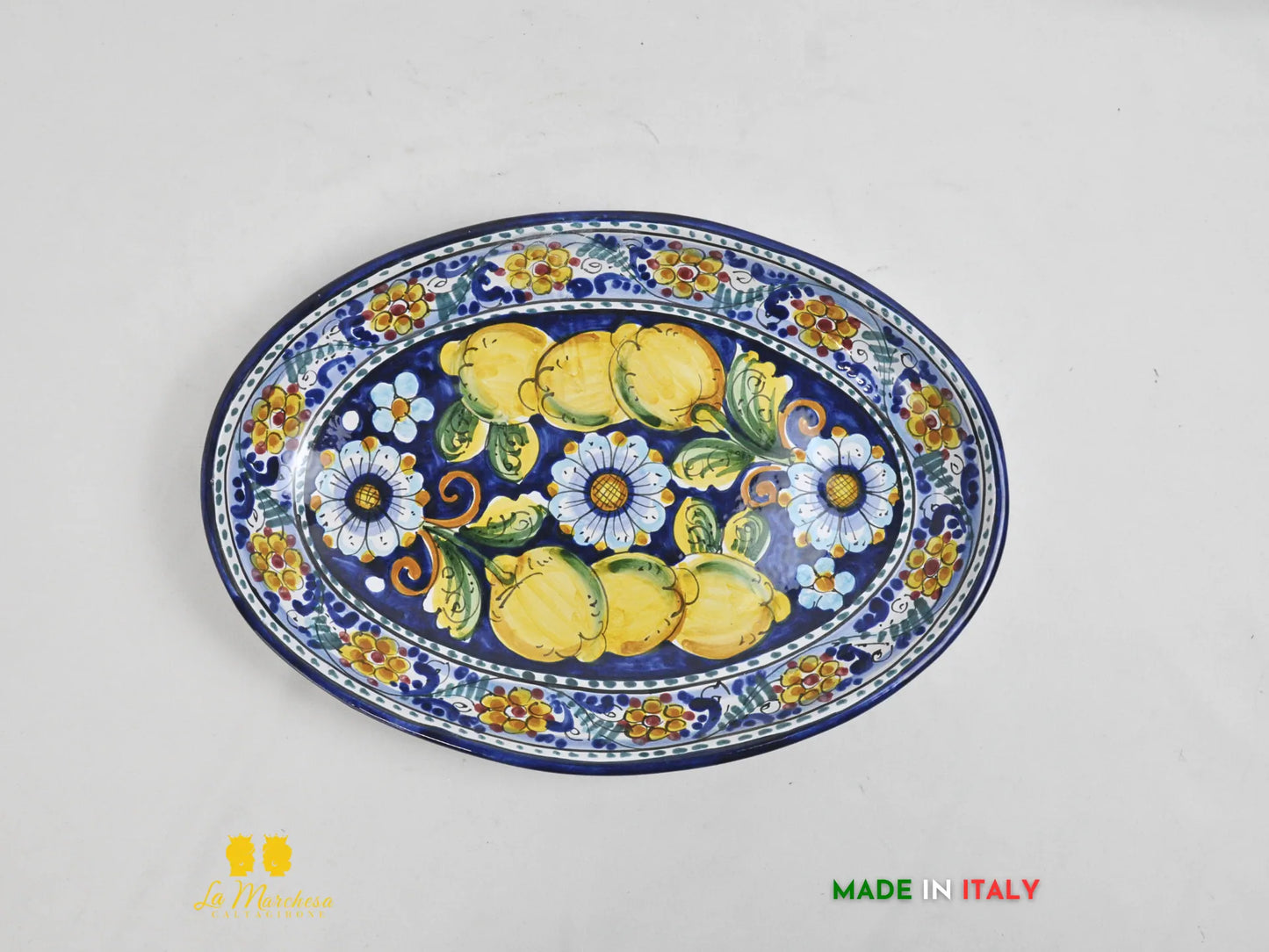 Vassoio ovale Pirofila in Ceramica di Caltagirone blu cobalto limoni 41cm