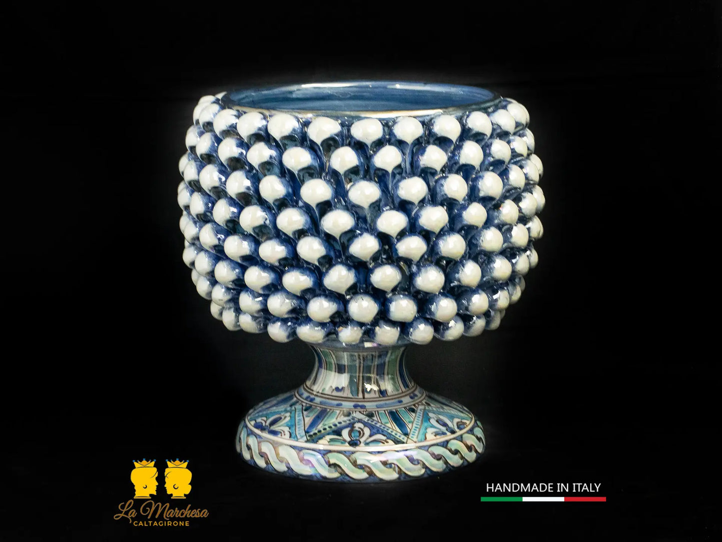 Portavaso mezza Pigna Siciliana Ceramica di Caltagirone blu antico 25cm Madreperla