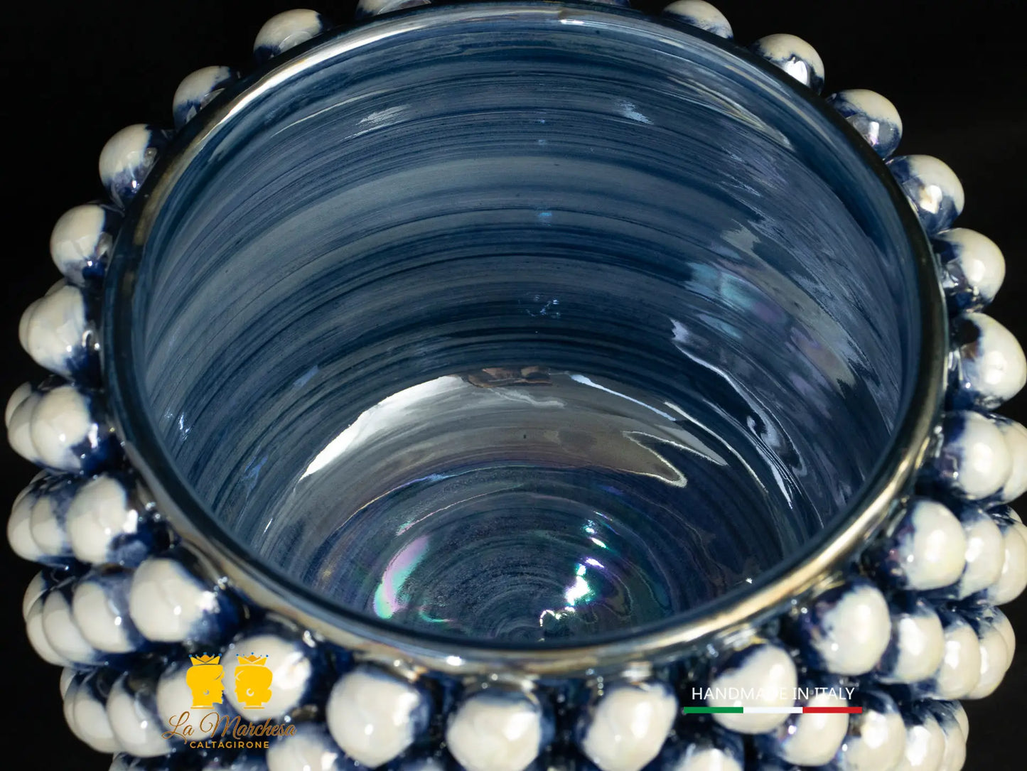 Portavaso mezza Pigna Siciliana Ceramica di Caltagirone blu antico 25cm Madreperla