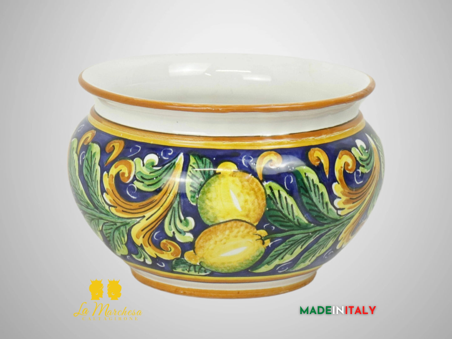 Porta Vaso Decorato in Ceramica di Caltagirone 21cm - Blu Cobalto Limoni