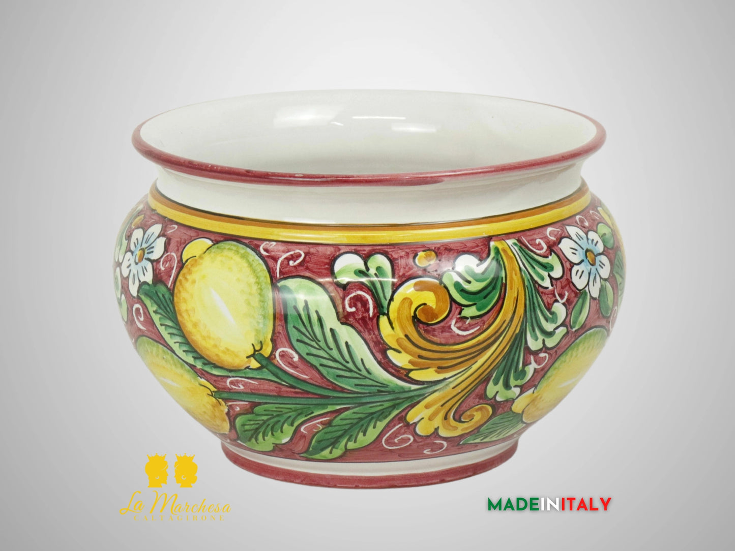 Porta Vaso Decorato in Ceramica di Caltagirone 21cm - Bordeaux Limoni