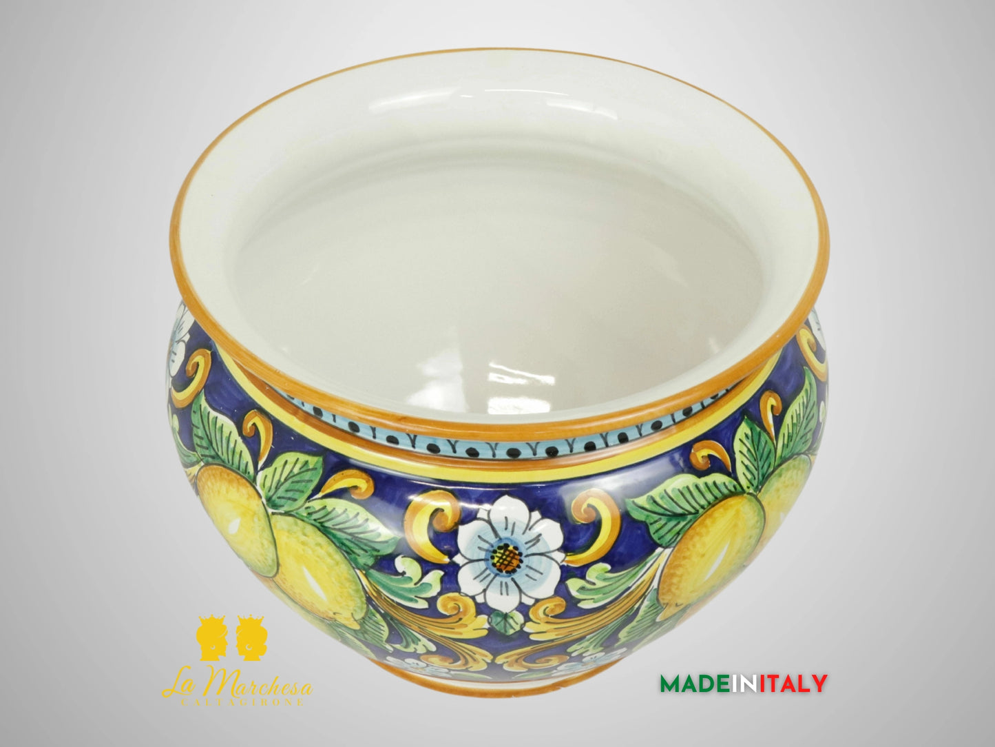 Porta Vaso Decorato in Ceramica di Caltagirone 31cm - Blu Cobalto Limoni (2)