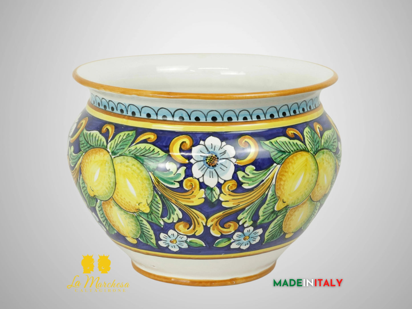 Porta Vaso Decorato in Ceramica di Caltagirone 31cm - Blu Cobalto Limoni (2)