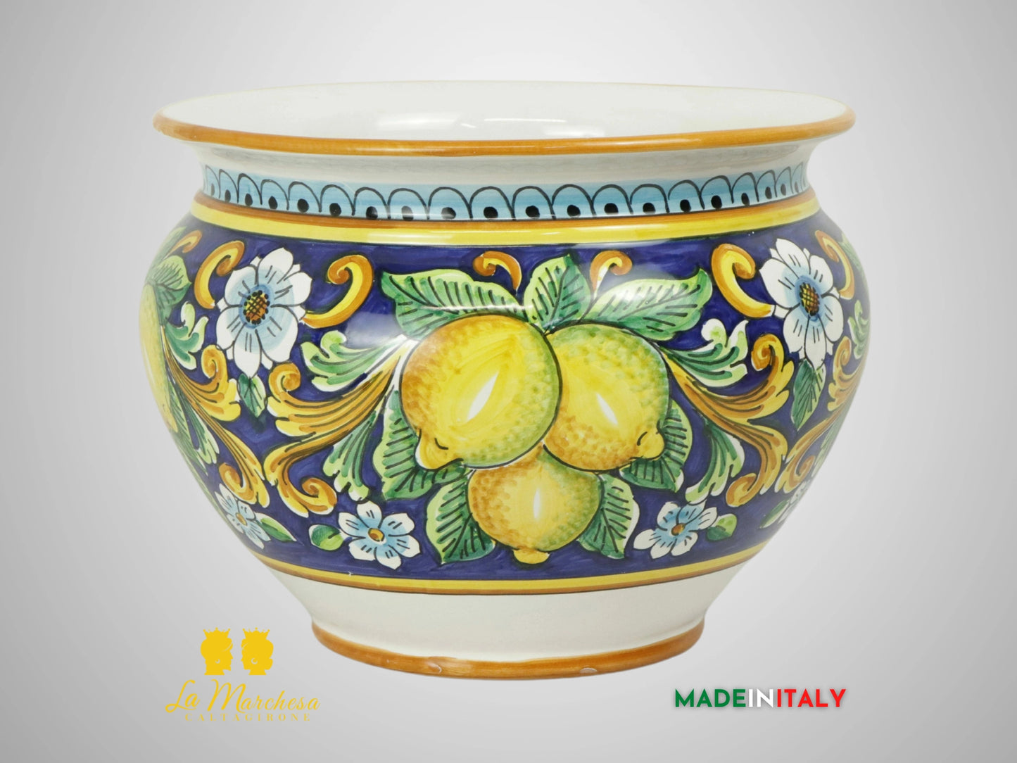 Porta Vaso Decorato in Ceramica di Caltagirone 31cm - Blu Cobalto Limoni