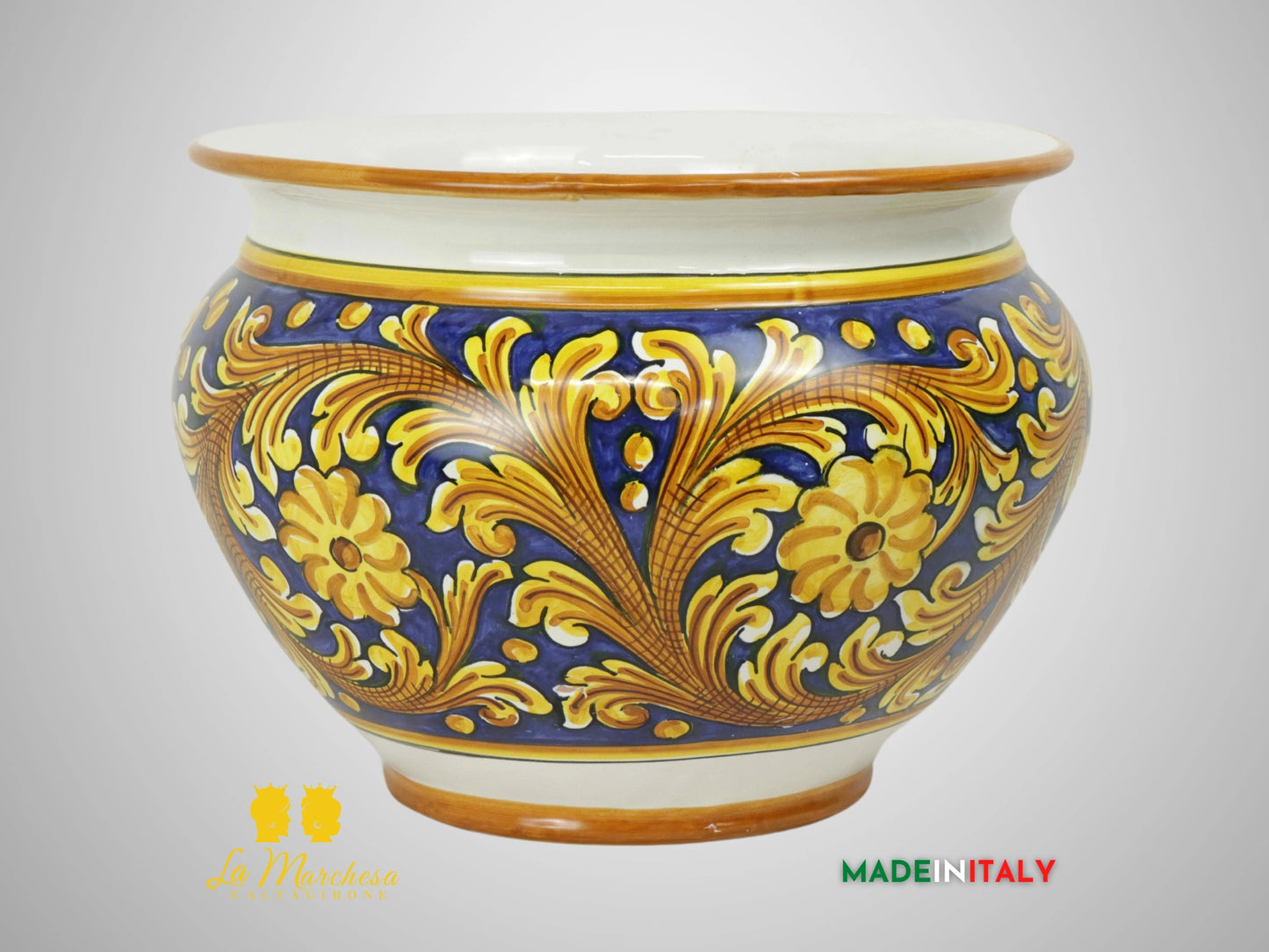 Porta Vaso Decorato in Ceramica di Caltagirone 31cm - Blu Cobalto Ornato (2)
