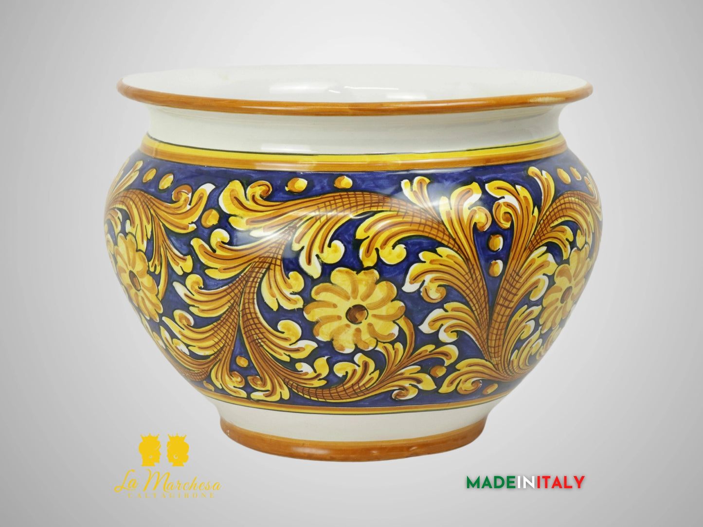 Porta Vaso Decorato in Ceramica di Caltagirone 31cm - Blu Cobalto Ornato
