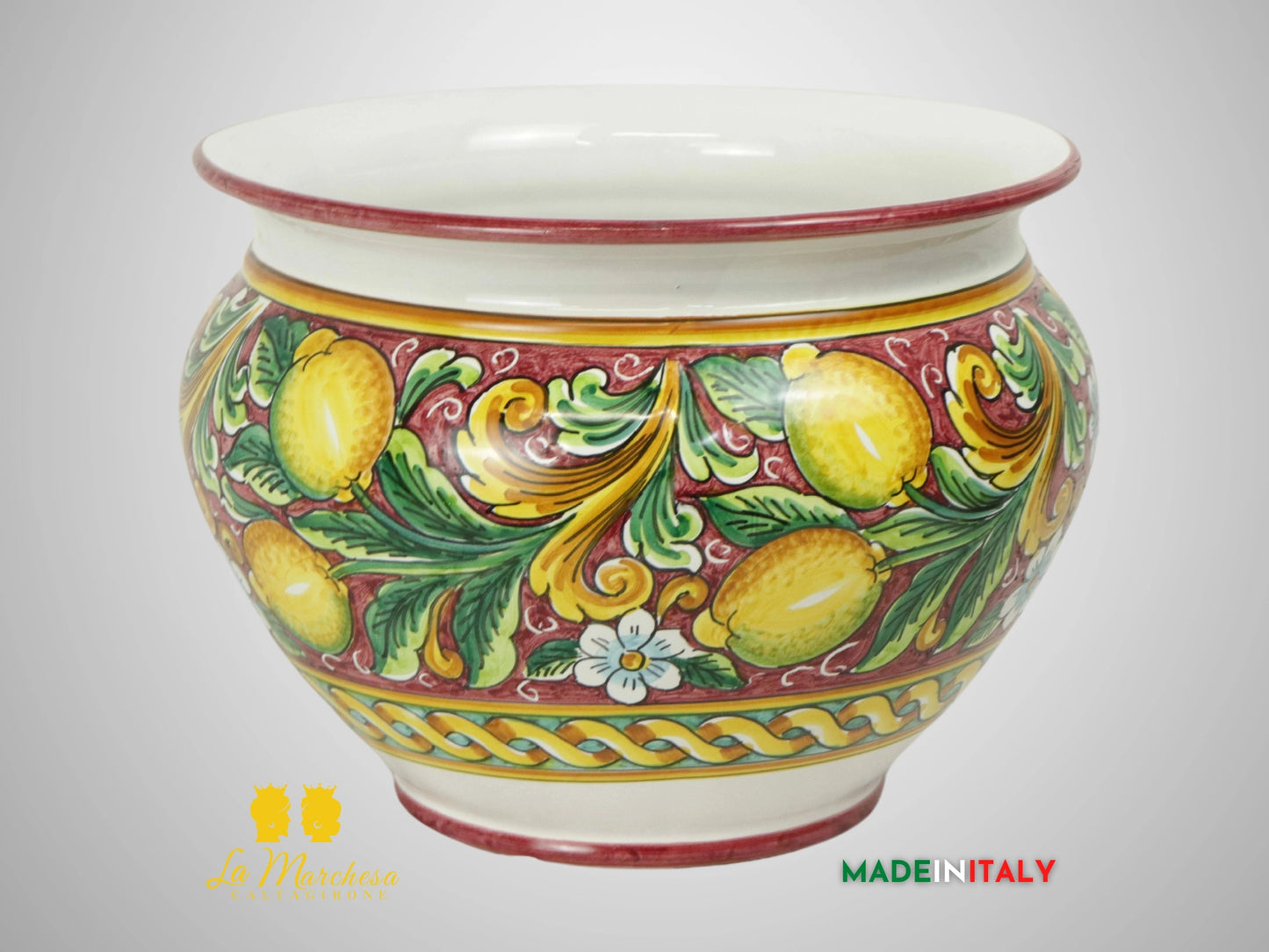 Porta Vaso Decorato in Ceramica di Caltagirone 31cm - Bordeaux Limoni (2)
