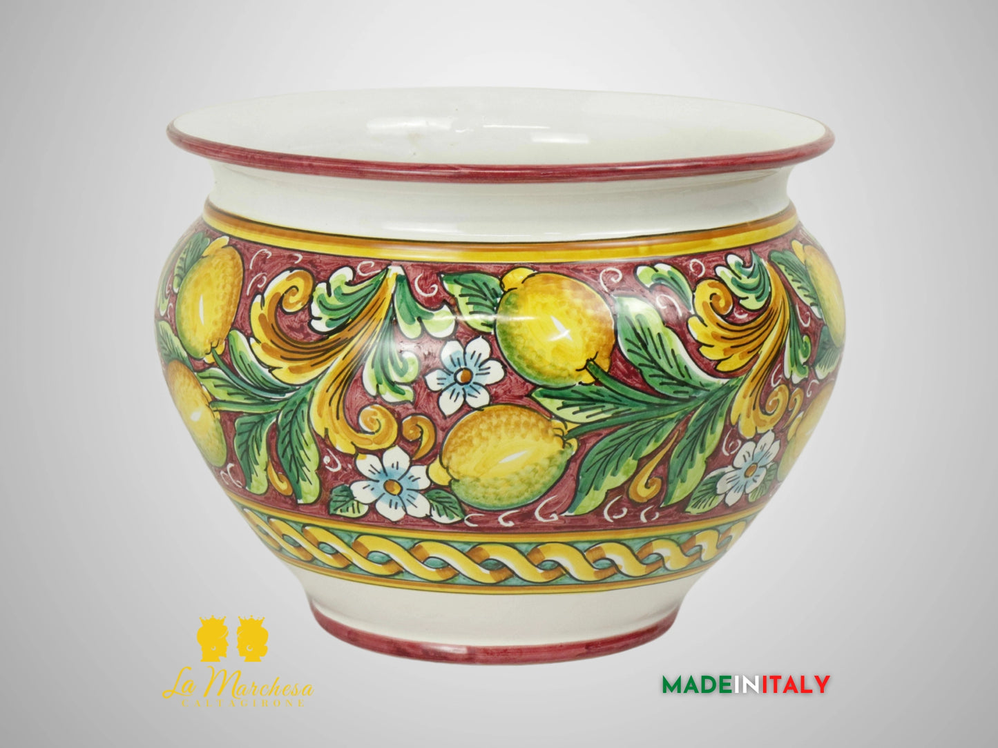 Porta Vaso Decorato in Ceramica di Caltagirone 31cm - Bordeaux Limoni