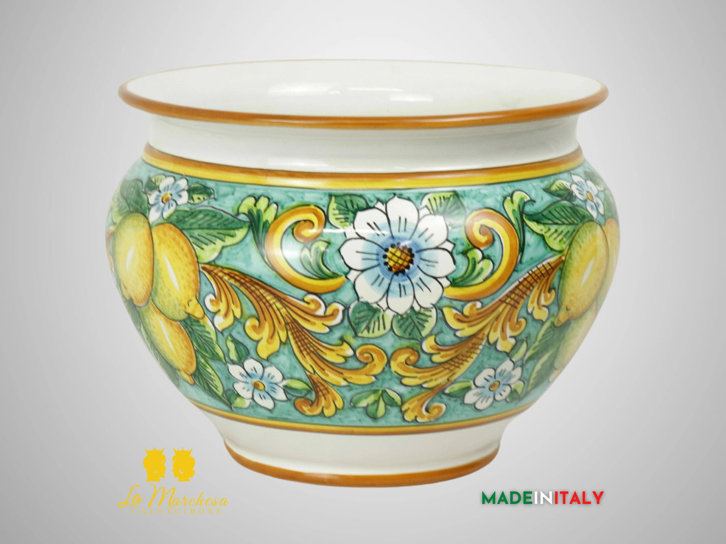 Porta Vaso Decorato in Ceramica di Caltagirone 31cm - Verde Rame Limoni (2)