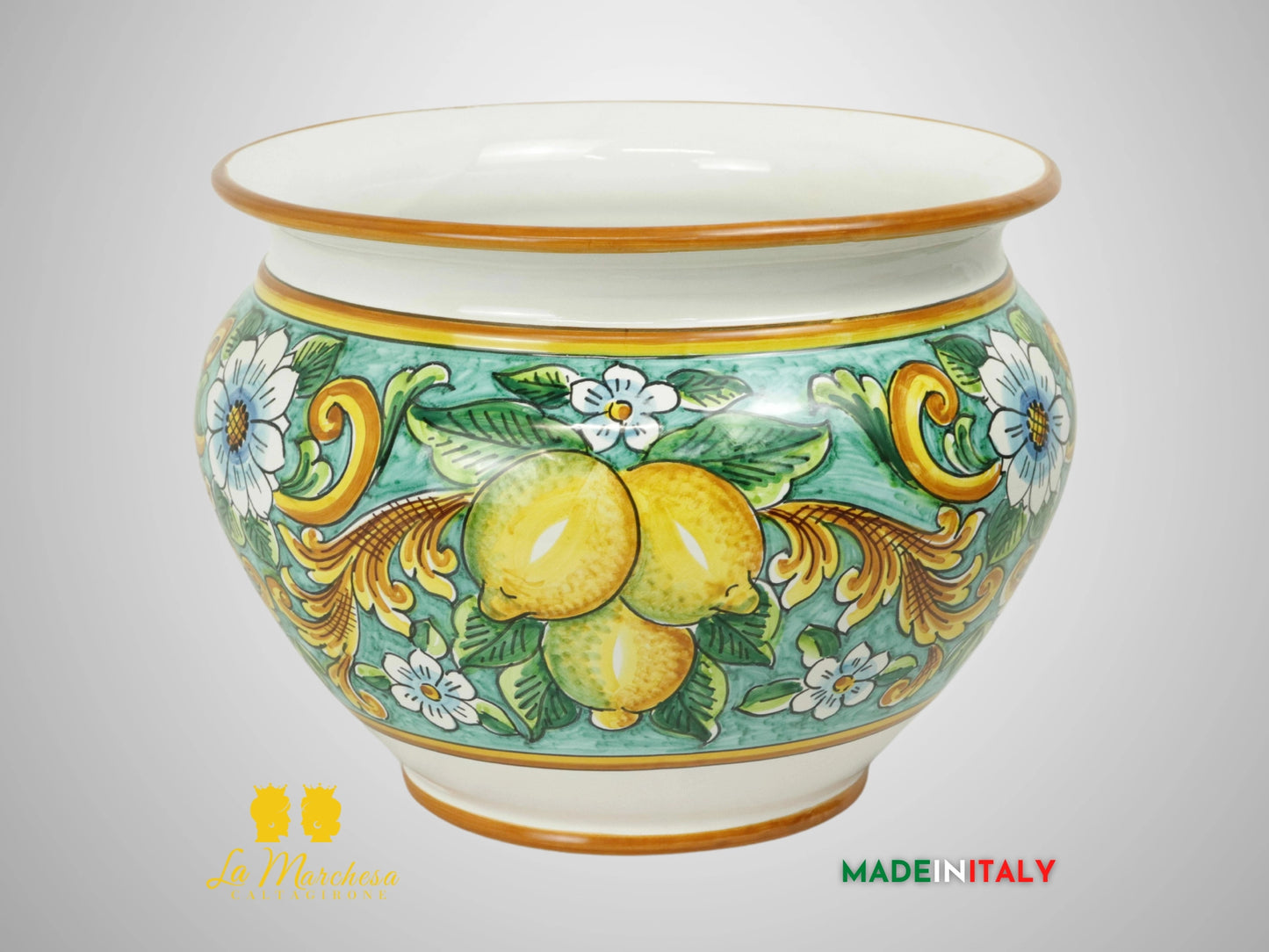 Porta Vaso Decorato in Ceramica di Caltagirone 31cm - Verde Rame Limoni