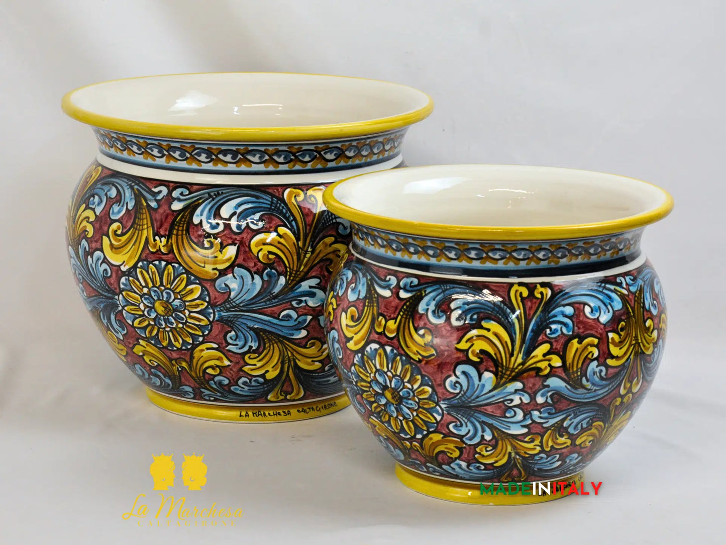 Portavaso Vaso in Ceramica di Caltagirone ornato bordeaux - Varie Misure