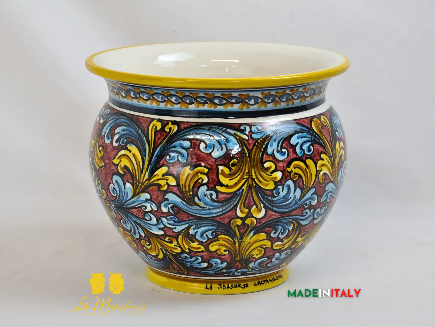 Portavaso Vaso in Ceramica di Caltagirone ornato bordeaux - Varie Misure