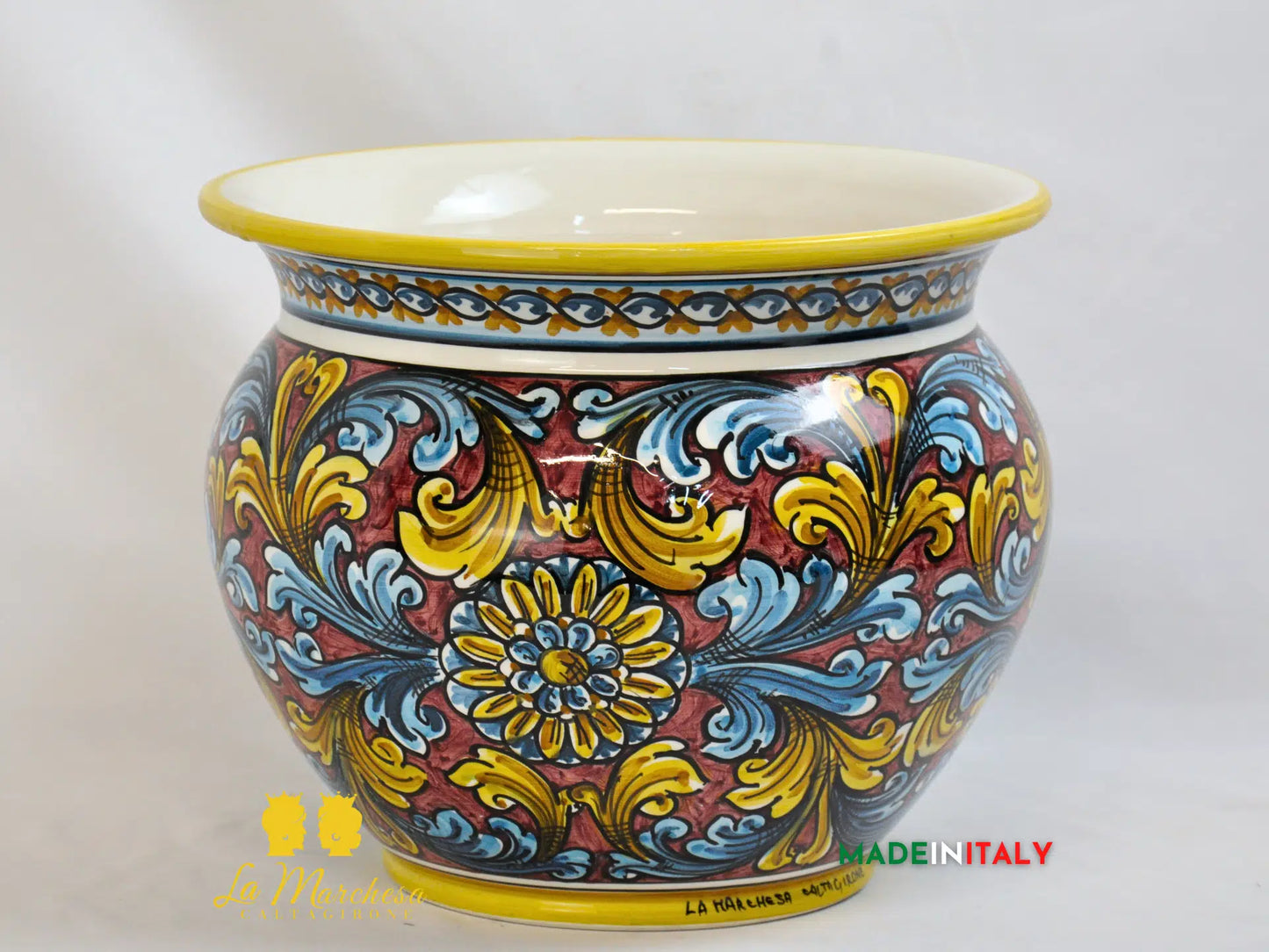 Portavaso Vaso in Ceramica di Caltagirone ornato bordeaux - Varie Misure