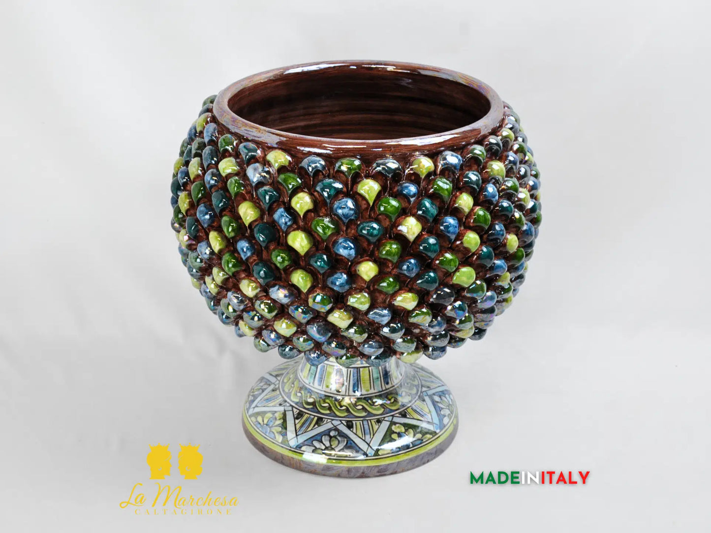 Portavaso Mezza Pigna Blu Verde 34cm Madreperla in Ceramica di Caltagirone - Varie Misure