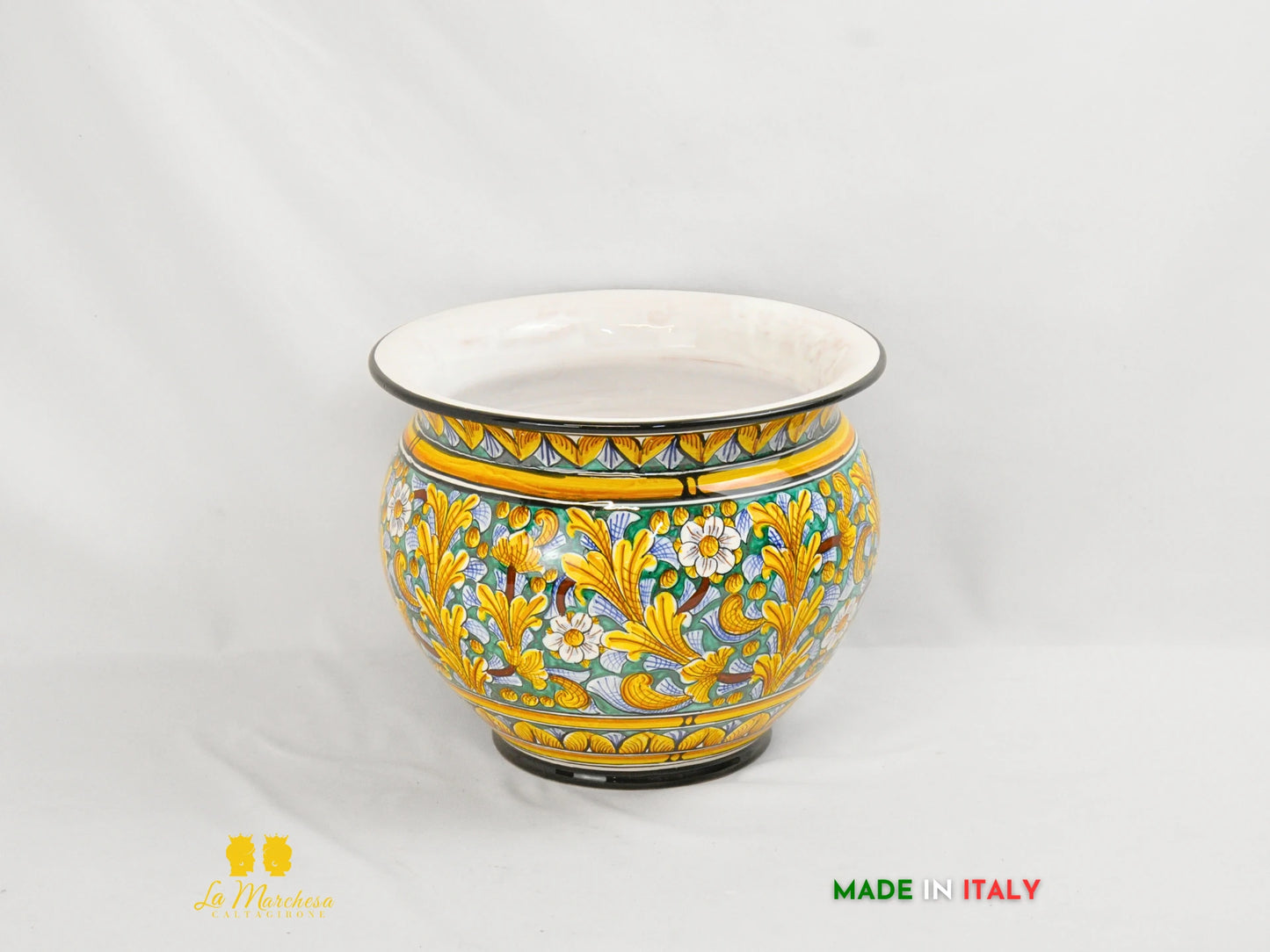 Porta vaso Lux in Ceramica di Caltagirone dettaglio ornato 30cm verde rame
