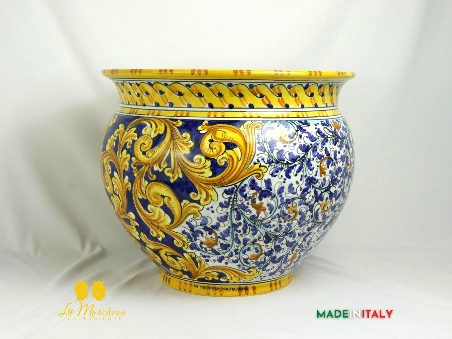 Portavaso Ornato e 600 in Ceramica di Caltagirone Blu Cobalto Oro 45cm