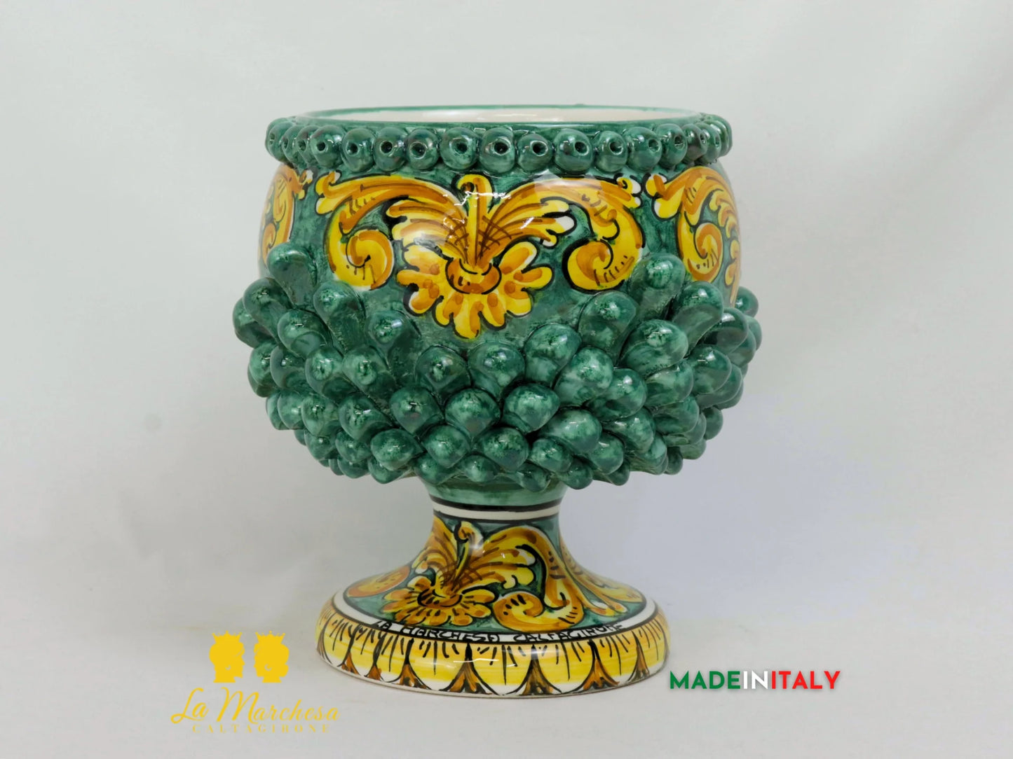 Portavaso chicchi Pigna Siciliana in Ceramica di Caltagirone Verde Rame - 20cm