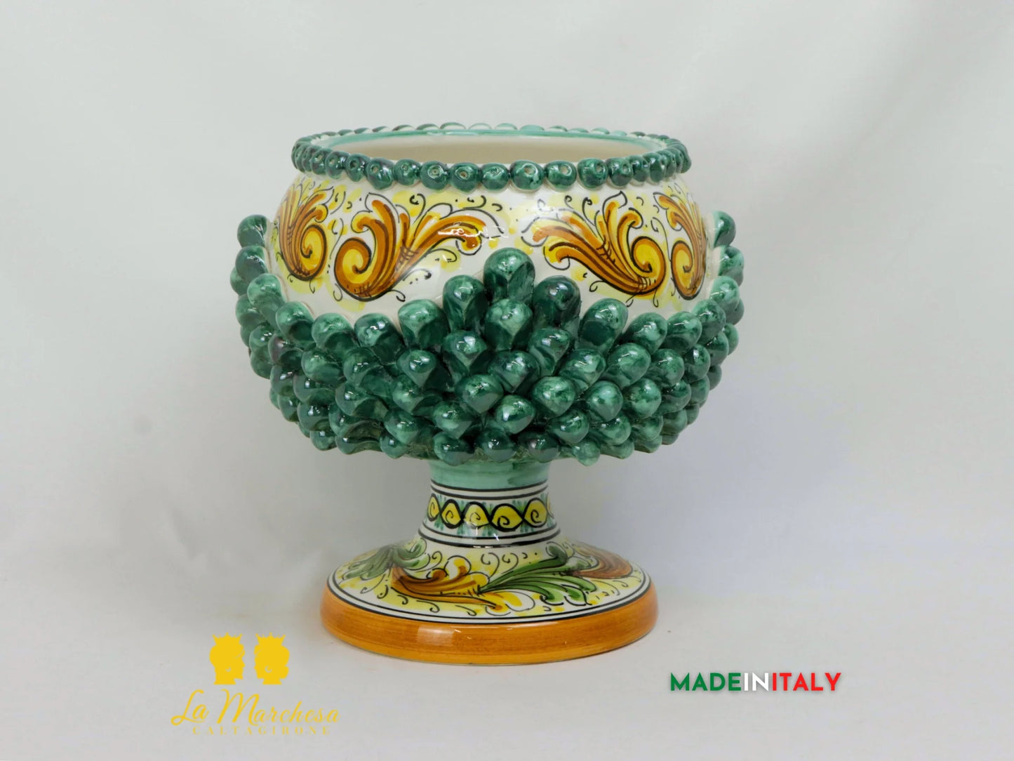 Portavaso chicchi Pigna Siciliana in Ceramica di Caltagirone Verde Rame - 24cm