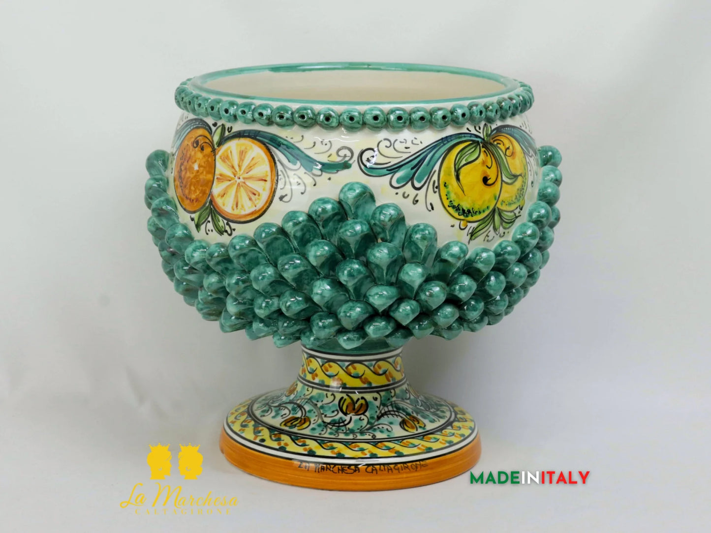 Portavaso chicchi Pigna Siciliana in Ceramica di Caltagirone Verde Rame - 30cm