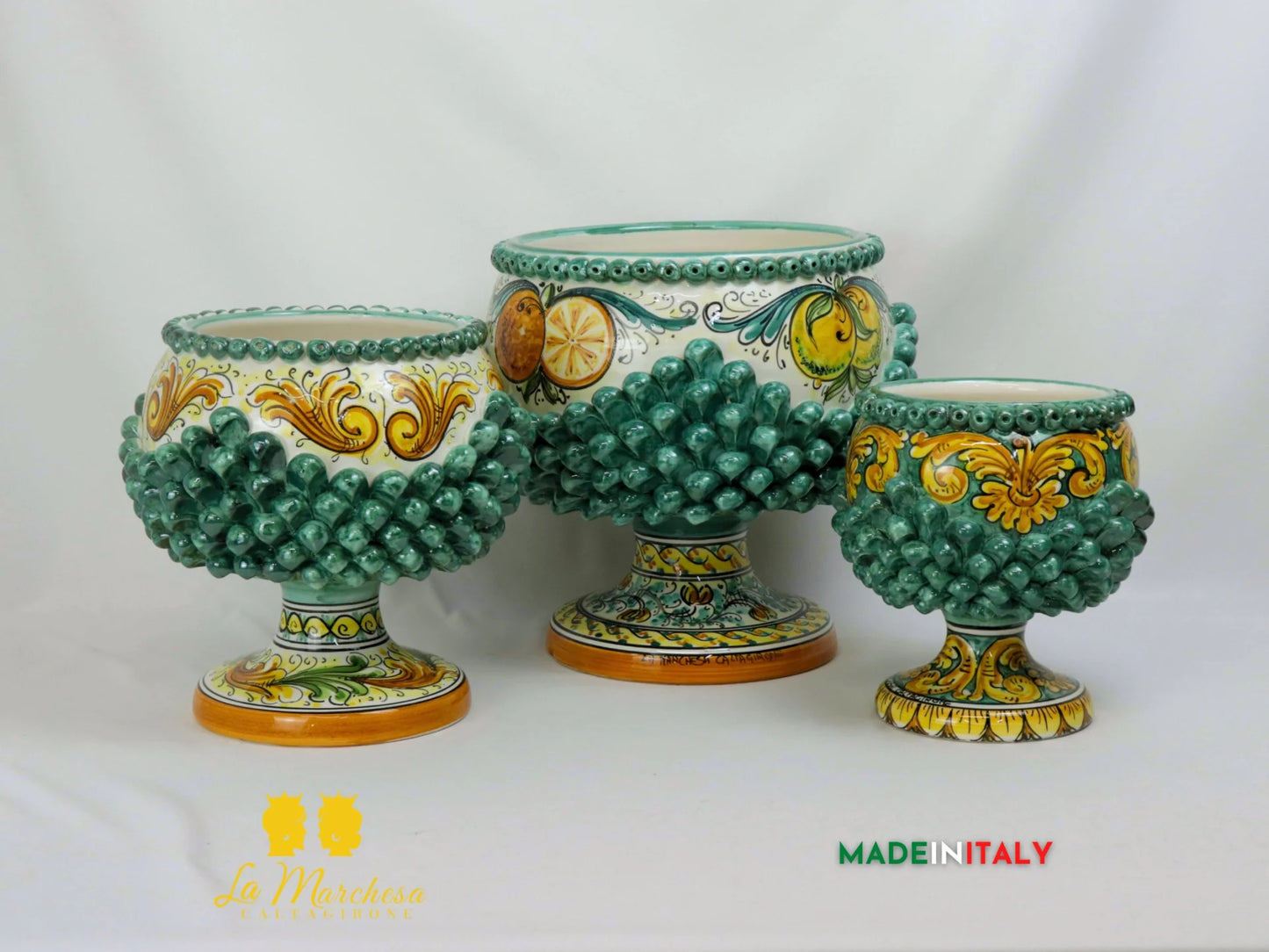 Portavaso chicchi Pigna Siciliana in Ceramica di Caltagirone Verde Rame - Varie Misure