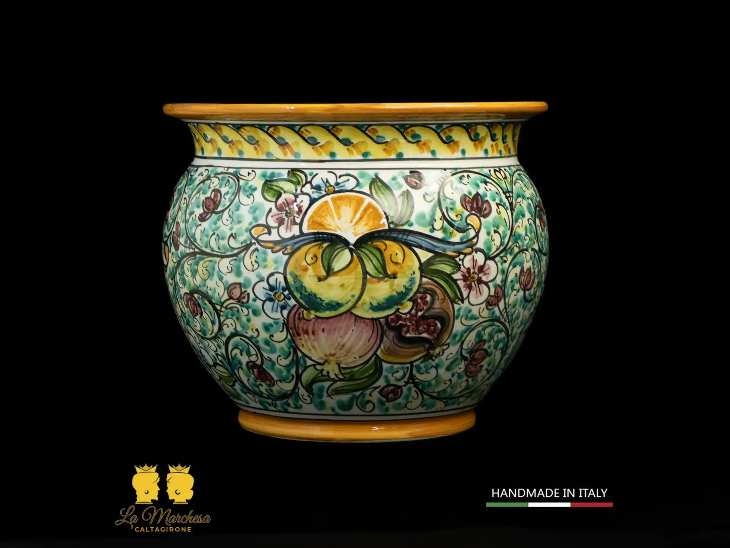 Portavaso Vaso in Ceramica di Caltagirone '600 barocco verde rame frutta 31cm