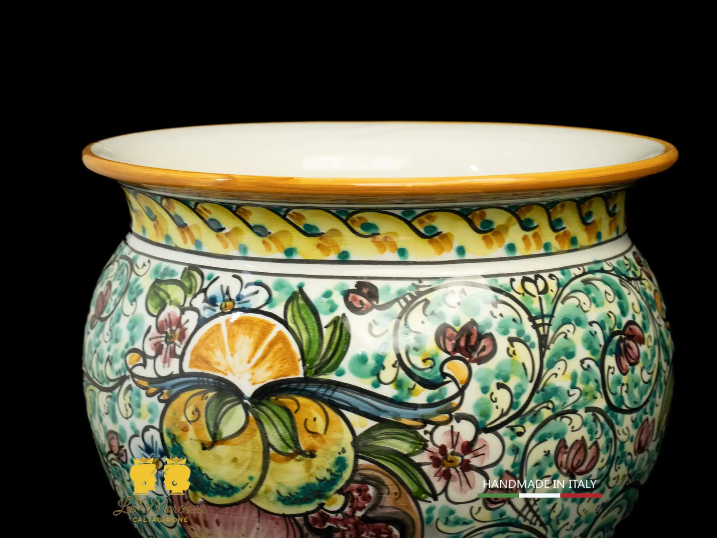 Portavaso Vaso in Ceramica di Caltagirone '600 barocco verde rame frutta 31cm