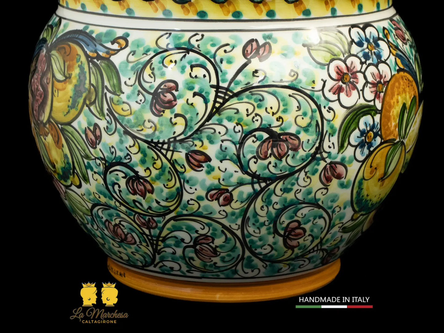 Portavaso Vaso in Ceramica di Caltagirone '600 barocco verde rame frutta 31cm