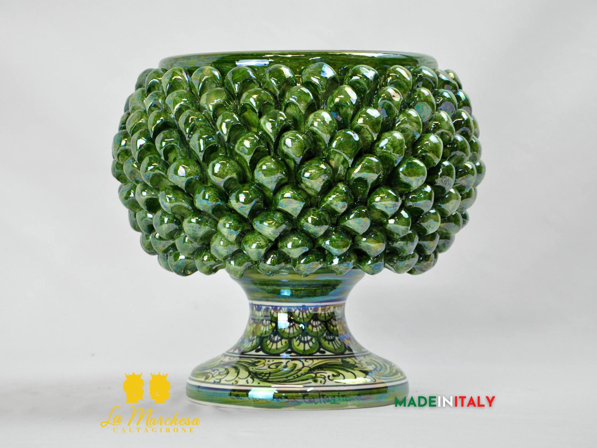 Portavaso Mezza Pigna Verde Madreperla in Ceramica di Caltagirone 27cm