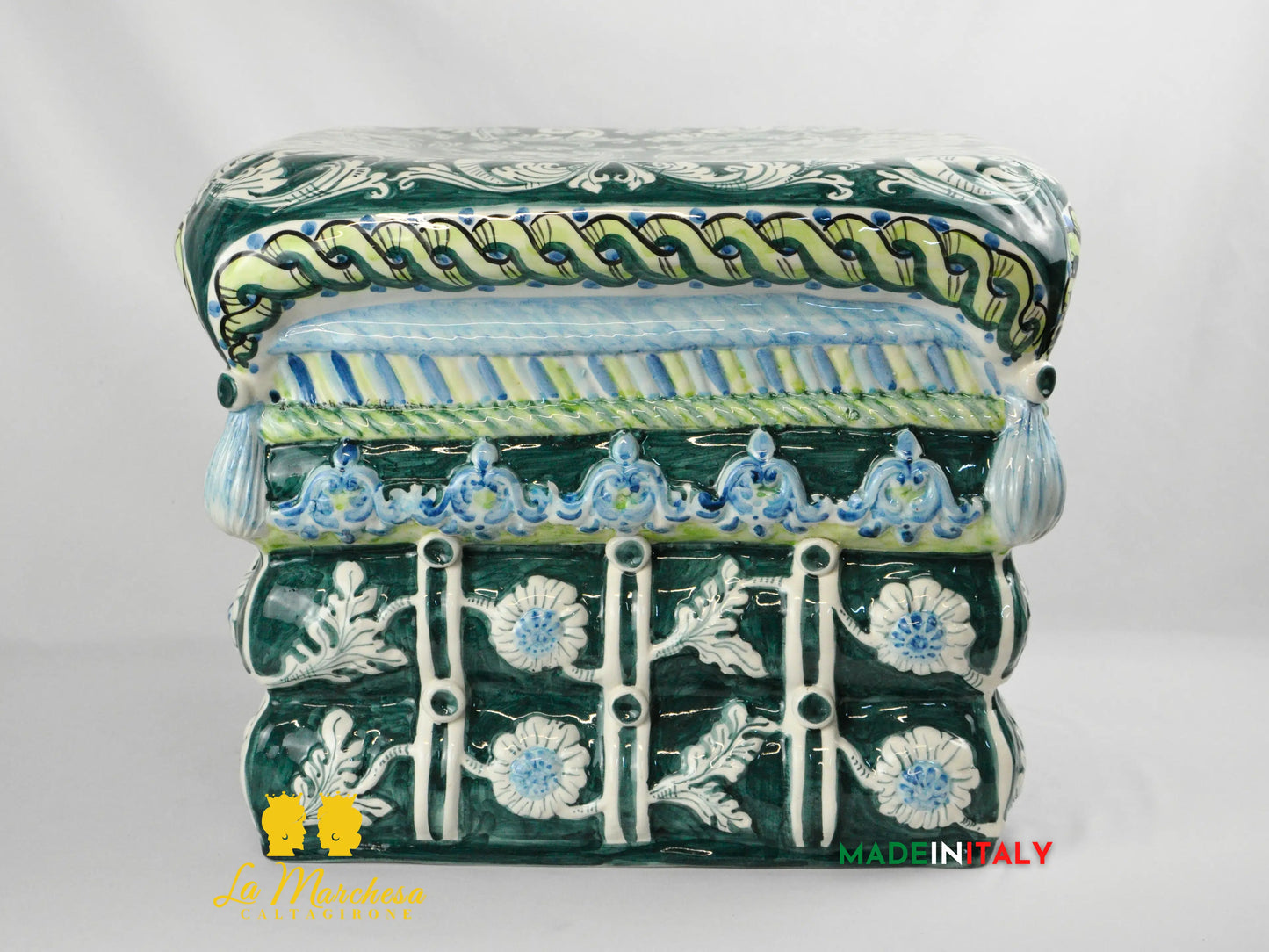 OUTLET - Pouf Quadrato Decorato in Ceramica di Caltagirone 36cm