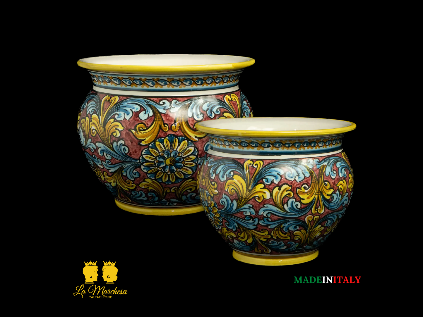 Portavaso Vaso in Ceramica di Caltagirone ornato bordeaux L30
