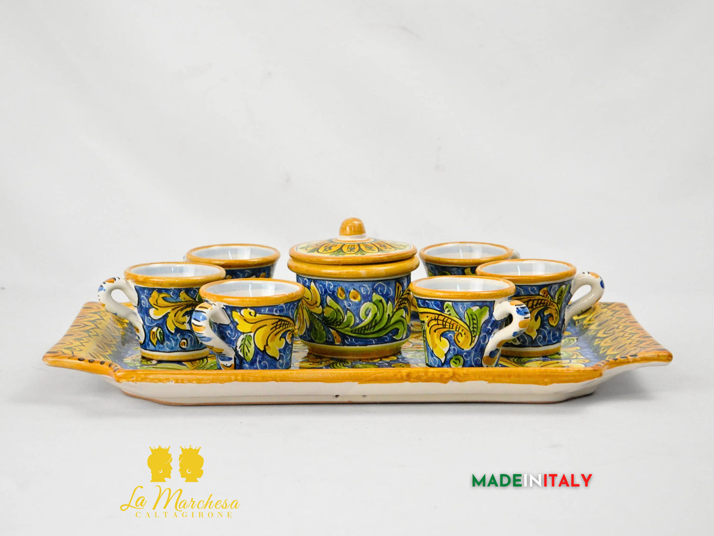 Servizio da Caffè in Ceramica di Caltagirone con Vassoio e Zuccheriera